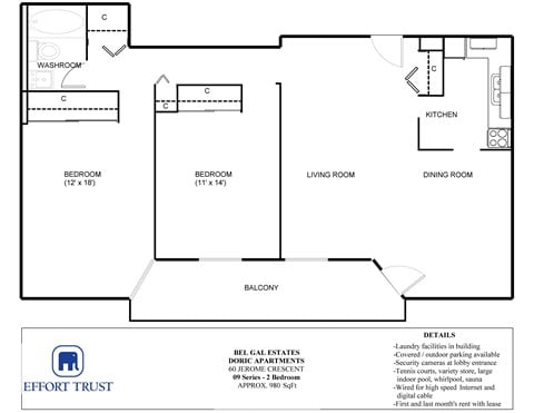Floor plan for 2 beds, 1 bath, 980 sqft